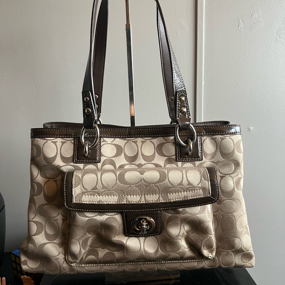 Coach Beige and Brown Signature Shoulder Bag